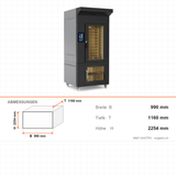 Stikkenofen Gas, Touchscreen, 10x EN 600×400, 46,43 kW, mit Gärschrank, lackiertes Gehäuse, 990×1160×2254 mm – Abmessungen