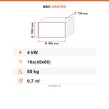 Gärschrank, 16x EN 60x40, dampfbeständig, 30–90 °C, 4 kW, 230V, 500×720×1800 mm – Technische Daten