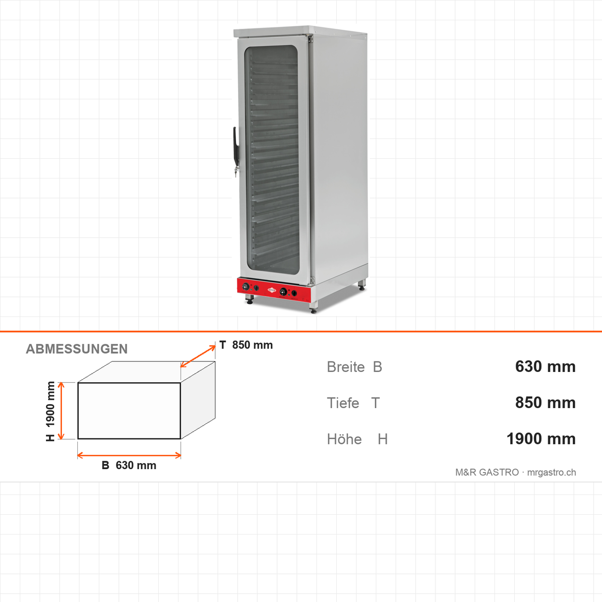 Gärschrank, isoliert, 16x EN 60x40, dampfbeständig, 30–90 °C, 4 kW, 230V, 630×850×1900 mm – Abmessungen