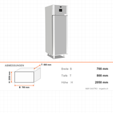 Gärschrank mit Kühlung, Gärunterbrecher, automatische Steuerung, 20x EN 60x40, -18/+80 °C, 700×800×2050 mm – Abmessungen