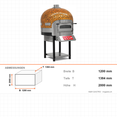 Pizzaofen Elektro Drehboden digital, Ø 300 mm 6 Pizzen, 17 kW, 75 Stk/h, 1200×1384×2000 mm – Abmessungen