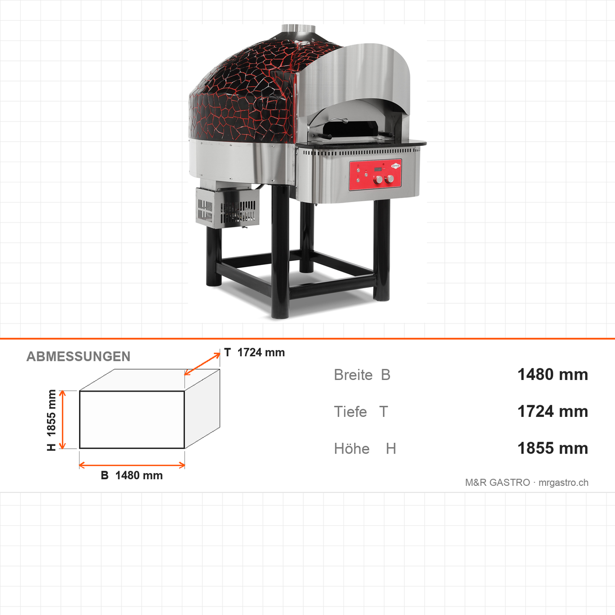 Pizzaofen Gas Drehboden digital, Ø 300 mm 6 Pizzen, 41,2 kW, 75 Stk/h, 1480×1724×1855 mm – Abmessungen