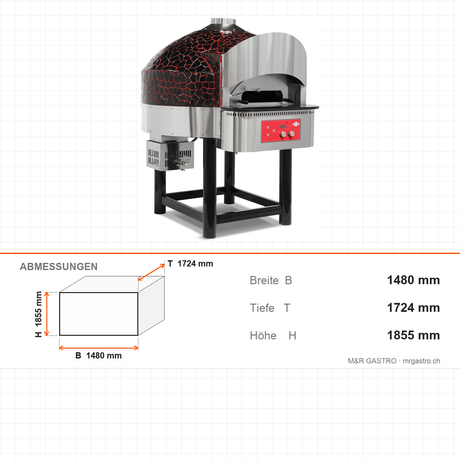 Pizzaofen Gas Drehboden digital, Ø 300 mm 6 Pizzen, 41,2 kW, 75 Stk/h, 1480×1724×1855 mm – Abmessungen