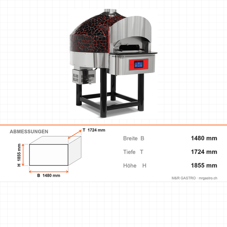 Pizzaofen Gas Drehboden digital, Ø 300 mm 6 Pizzen, 41,2 kW, 75 Stk/h, 1480×1724×1855 mm – Abmessungen