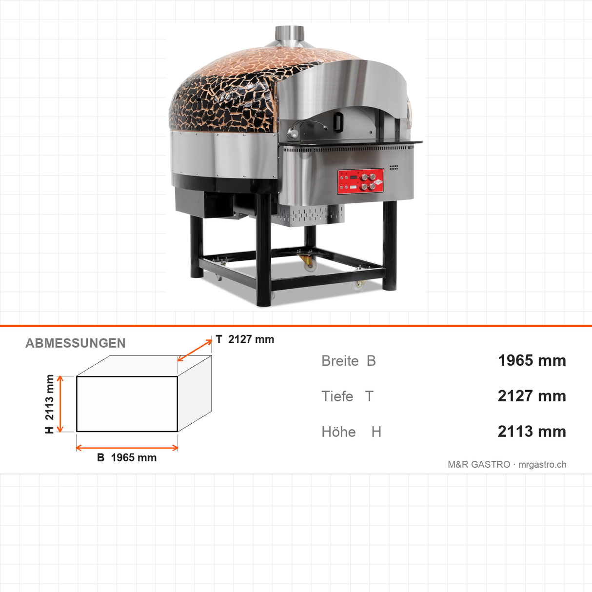 Pizzaofen Gas Drehboden digital, Ø 300 mm 9 Pizzen, 48 kW, 130 Stk/h, 1965×2127×2113 mm – Abmessungen