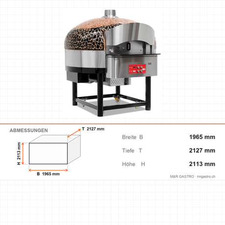 Pizzaofen Gas Drehboden digital, Ø 300 mm 9 Pizzen, 48 kW, 130 Stk/h, 1965×2127×2113 mm – Abmessungen