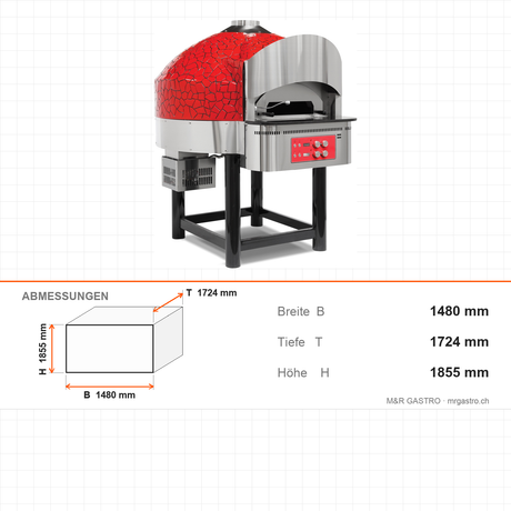 Pizzaofen Gas feste Basis digital, Ø 300 mm 9 Pizzen, 28,7 kW, 130 Stk/h, 1480×1724×1855 mm – Abmessungen