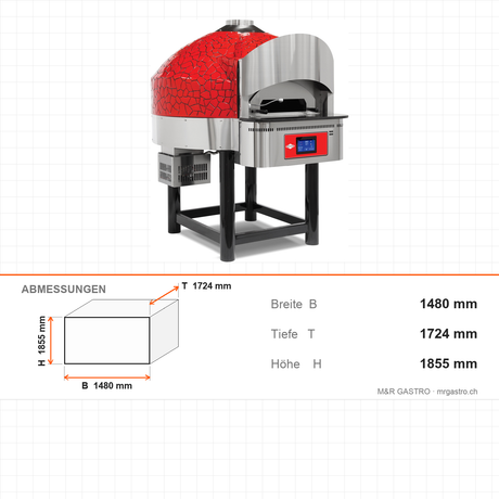 Pizzaofen Gas feste Basis digital, Ø 300 mm 9 Pizzen, 28,7 kW, 130 Stk/h, 1480×1724×1855 mm – Abmessungen