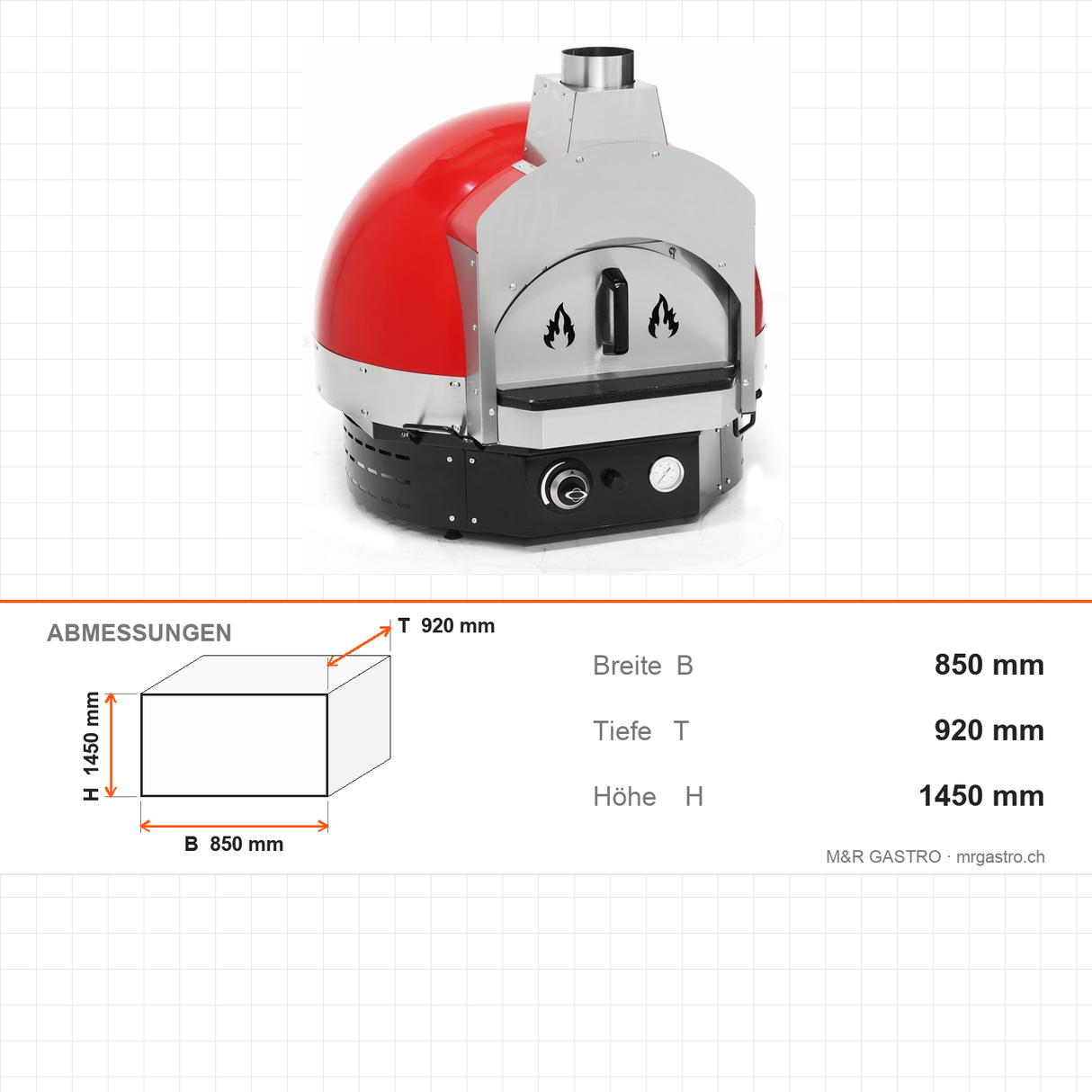 Pizzaofen Gas Steinboden, Ø 700 mm, 11 kW, 850×920×1450 mm – Abmessungen