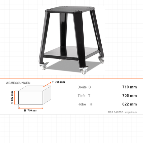 Untergestell mit Gasbackofen, regelbar 0–400 °C, Stein Ø 600 mm, 710×705×822 mm – Abmessungen