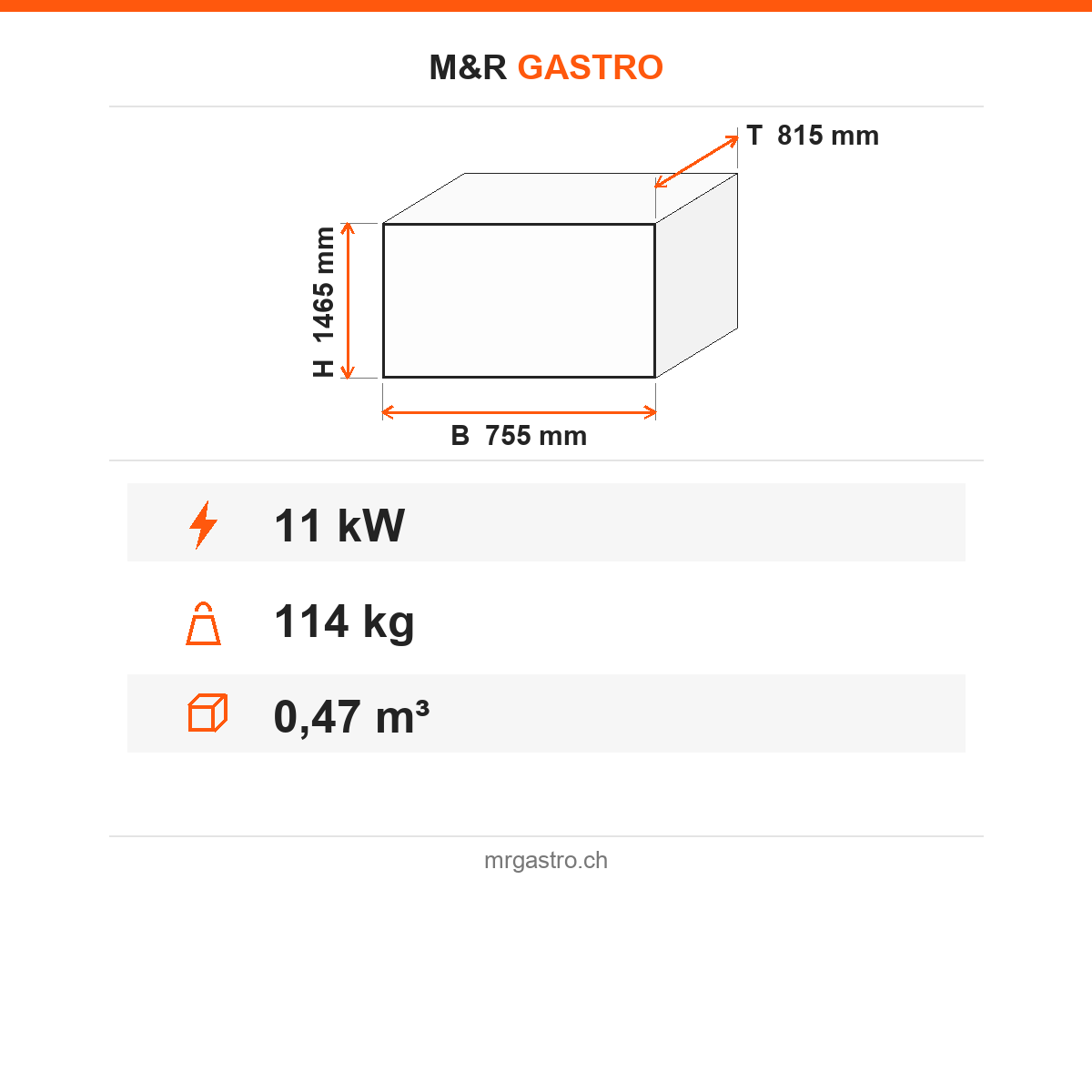 Pizzaofen Holz Steinboden, Ø 600 mm, 11 kW, 755×815×1465 mm – Technische Daten