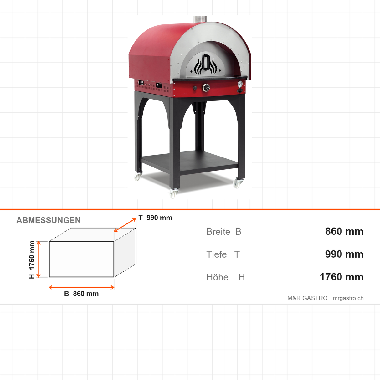 Pizzaofen Gas Steinboden, 600×600 mm Backkammer, 11,95 kW, 860×990×1760 mm – Abmessungen