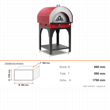 Pizzaofen Gas Steinboden, 600×600 mm Backkammer, 11,95 kW, 860×990×1760 mm – Abmessungen