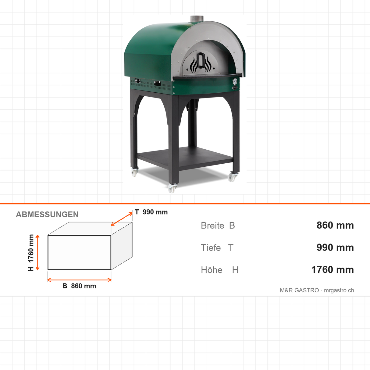 Pizzaofen Holz Steinboden, 600×600 mm Backkammer, 860×990×1760 mm – Abmessungen