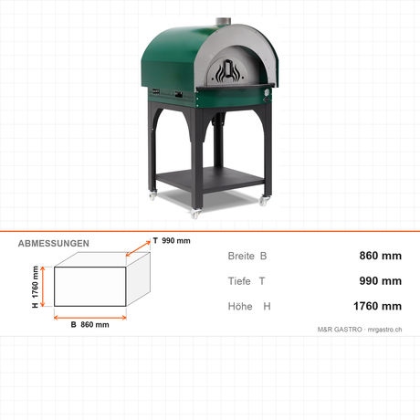Pizzaofen Holz Steinboden, 600×600 mm Backkammer, 860×990×1760 mm – Abmessungen