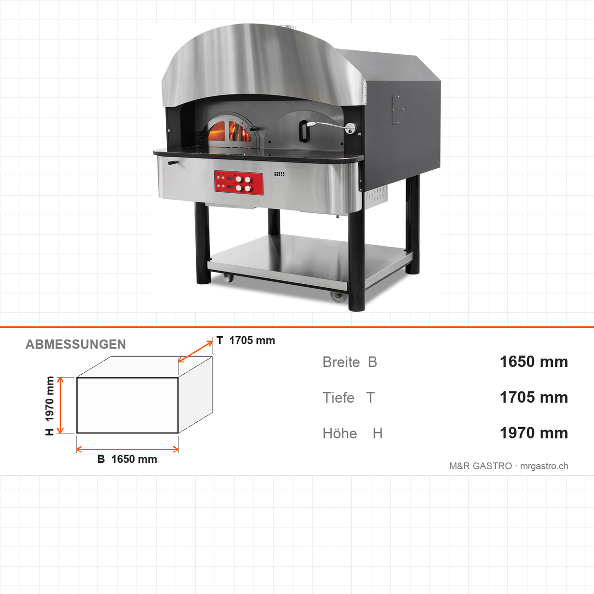 Pizzaofen Gas und Holz Drehboden Serie 700, Ø 300 mm 6 Pizzen, 41,2 kW, 75 Stk/h, 1650×1705×1970 mm – Abmessungen