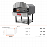 Pizzaofen Gas und Holz Drehboden Serie 700, Ø 300 mm 6 Pizzen, 41,2 kW, 75 Stk/h, 1650×1705×1970 mm – Abmessungen