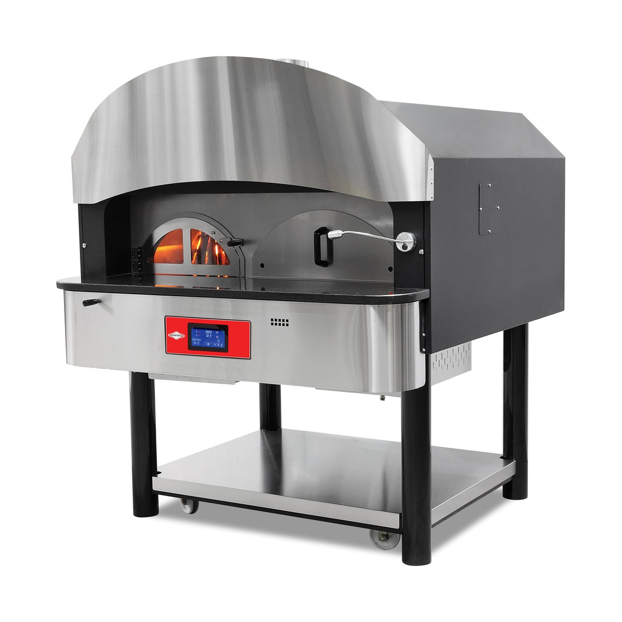 Pizzaofen Gas und Holz Drehboden Serie 700, Ø 300 mm 6 Pizzen, 41,2 kW, 75 Stk/h, 1650×1705×1970 mm – Produktbild