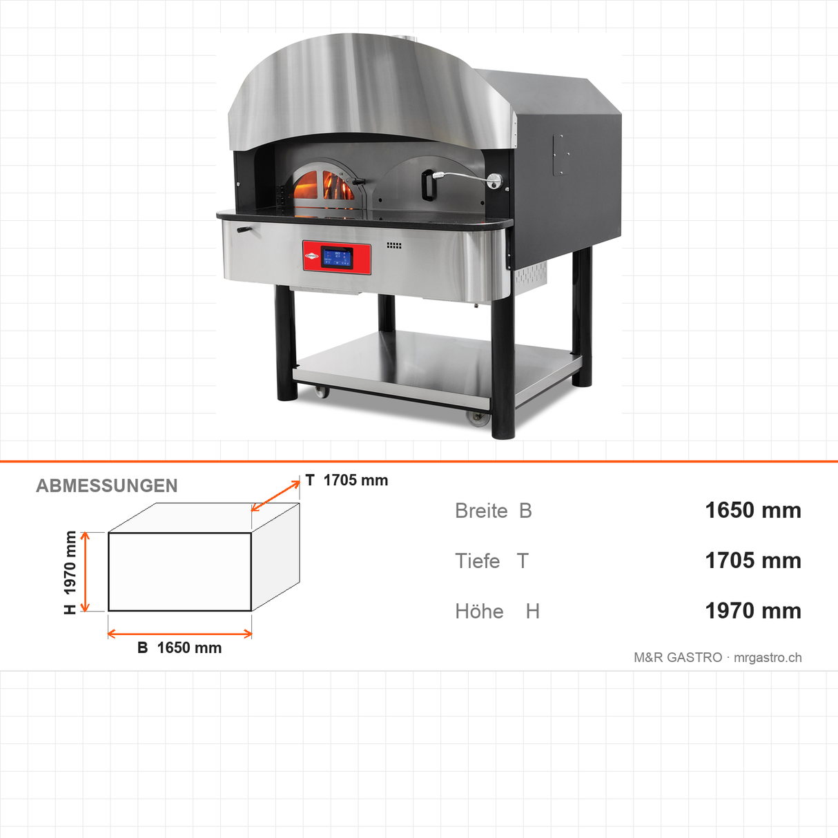 Pizzaofen Gas und Holz Drehboden Serie 700, Ø 300 mm 6 Pizzen, 41,2 kW, 75 Stk/h, 1650×1705×1970 mm – Abmessungen