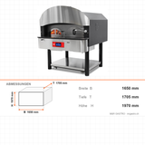 Pizzaofen Gas und Holz Drehboden Serie 700, Ø 300 mm 6 Pizzen, 41,2 kW, 75 Stk/h, 1650×1705×1970 mm – Abmessungen