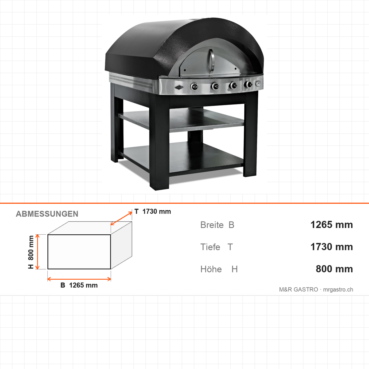 Pizzaofen Gas Steinboden, 34 kW, 1265×1730×800 mm – Abmessungen