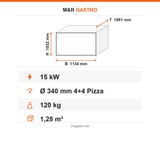 Pizzaofen Elektro Gold Midi zweilagig, Ø 340 mm 4+4 Pizzen, 15 kW, 400 V, 1134×1091×1032 mm – Technische Daten