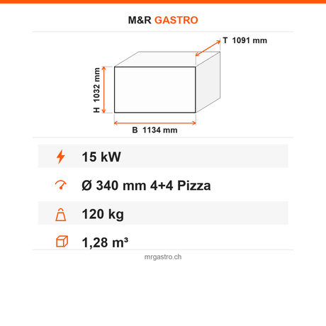 Pizzaofen Elektro Gold Midi zweilagig, Ø 340 mm 4+4 Pizzen, 15 kW, 400 V, 1134×1091×1032 mm – Technische Daten