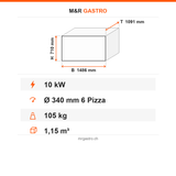Pizzaofen Elektro Gold Maxi einlagig, Ø 340 mm 6 Pizzen, 10 kW, 400 V, 1486×1091×710 mm – Technische Daten
