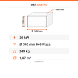 Pizzaofen Elektro Gold Maxi zweilagig, Ø 340 mm 6+6 Pizzen, 20 kW, 400 V, 1486×1091×1032 mm – Technische Daten