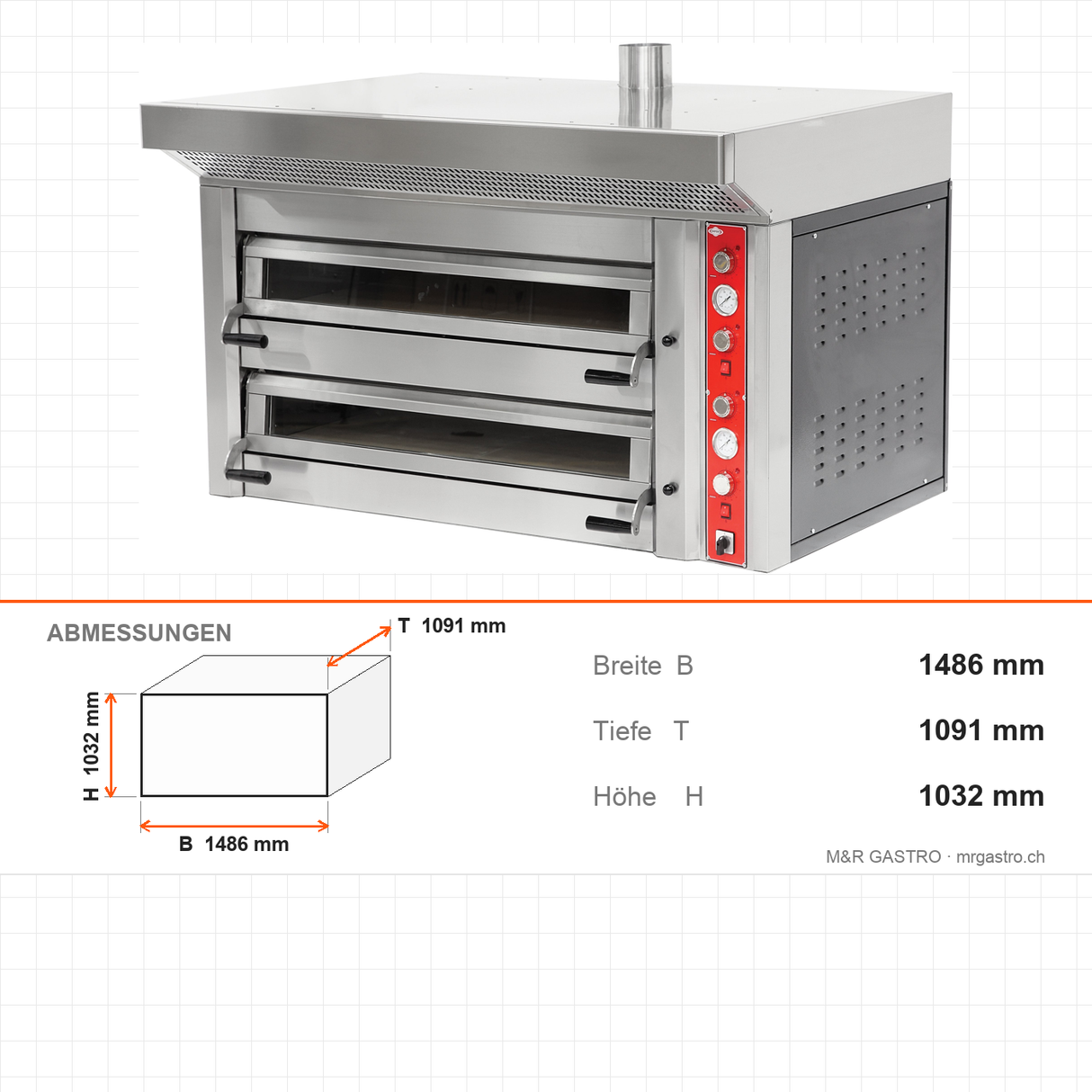 Pizzaofen Elektro Gold Maxi zweilagig, Ø 340 mm 6+6 Pizzen, 20 kW, 400 V, 1486×1091×1032 mm – Abmessungen