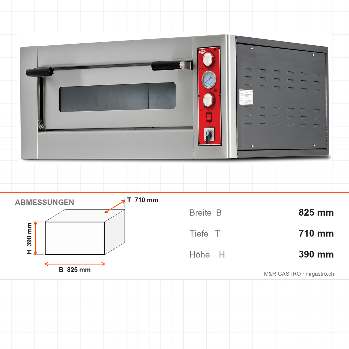 Pizzaofen Elektro einlagig, Ø 250 mm 4 Pizzen, 5,4 kW, 400 V, 825×710×390 mm – Abmessungen