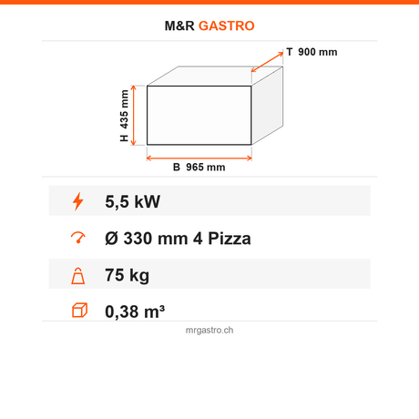 Pizzaofen Elektro einlagig, Ø 330 mm 4 Pizzen, 5,5 kW, 400 V, 965×900×435 mm – Technische Daten