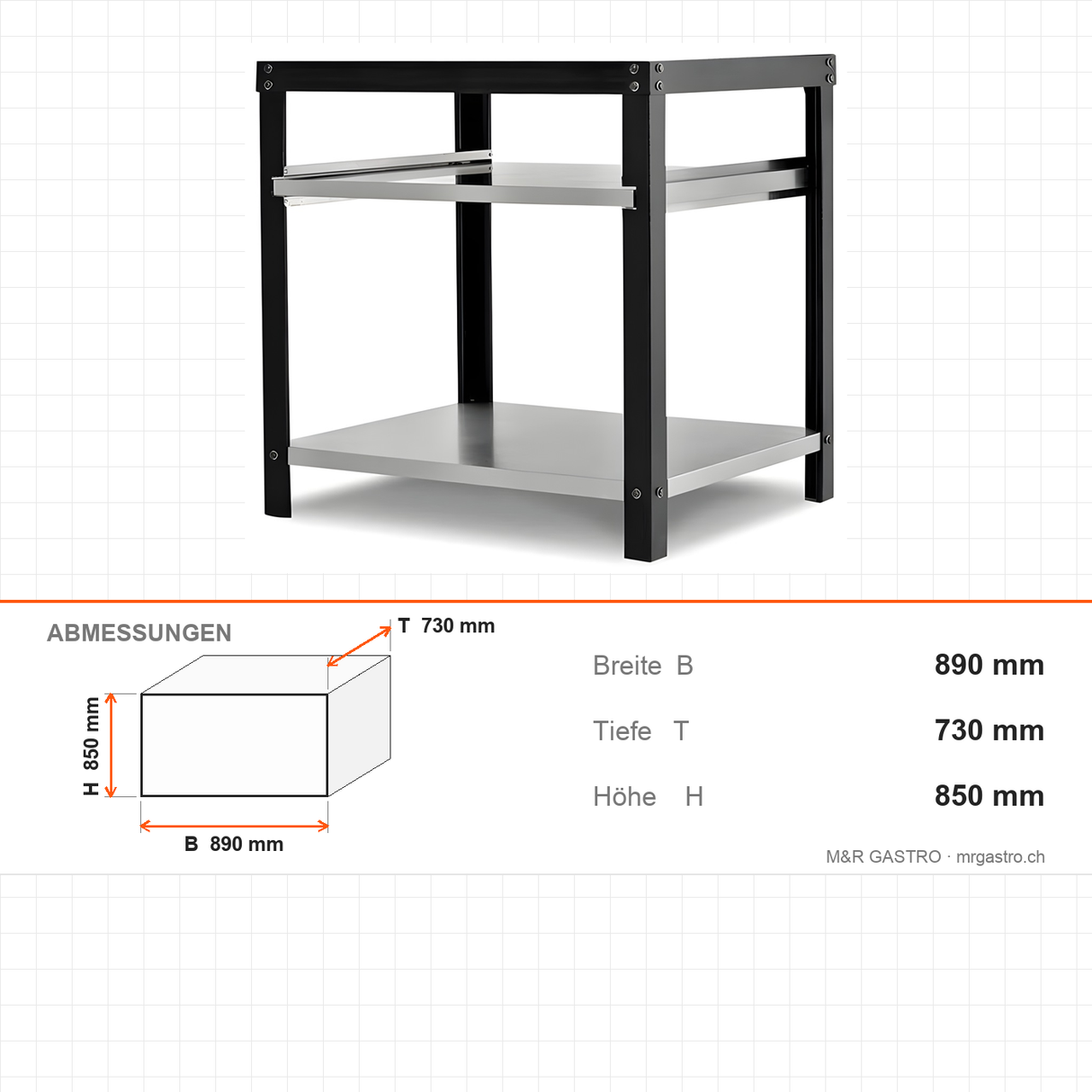 Untergestell, 0,55 m³, 890×730×850 mm, Edelstahl AISI 304 – Abmessungen