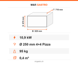 Pizzaofen Elektro zweilagig, Ø 250 mm 4+4 Pizzen, 10,9 kW, 400 V, 825×710×670 mm – Technische Daten