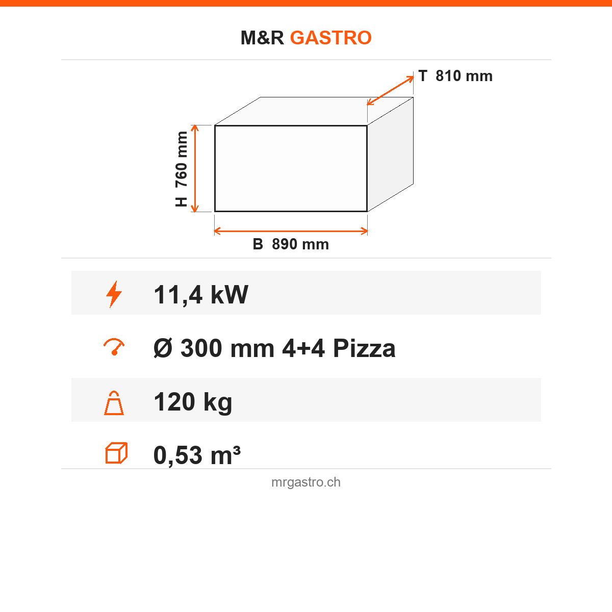 Pizzaofen Elektro zweilagig, Ø 300 mm 4+4 Pizzen, 11,4 kW, 400 V, 890×810×760 mm – Technische Daten