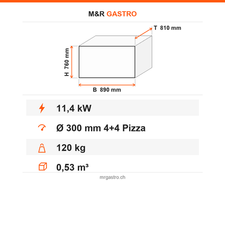 Pizzaofen Elektro zweilagig, Ø 300 mm 4+4 Pizzen, 11,4 kW, 400 V, 890×810×760 mm – Technische Daten