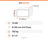 Pizzaofen Elektro zweilagig, Ø 300 mm 5+5 Pizzen, 15 kW, 400 V, 1190×810×760 mm – Technische Daten