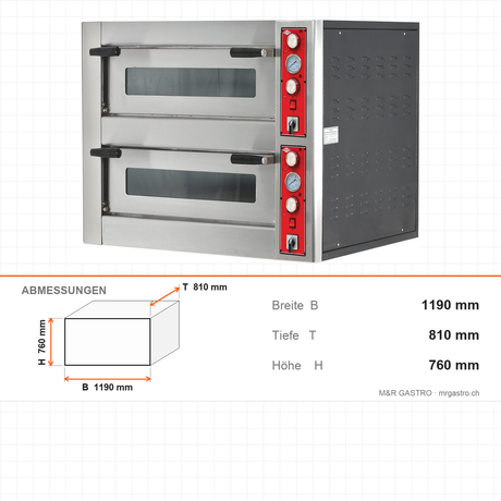 Pizzaofen Elektro zweilagig, Ø 300 mm 5+5 Pizzen, 15 kW, 400 V, 1190×810×760 mm – Abmessungen