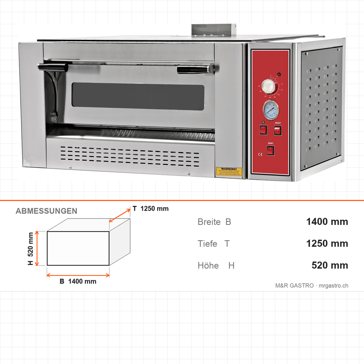 Pizzaofen Gas einlagig, Ø 300 mm 9 Pizzen, 22 kW, 1400×1250×520 mm – Abmessungen
