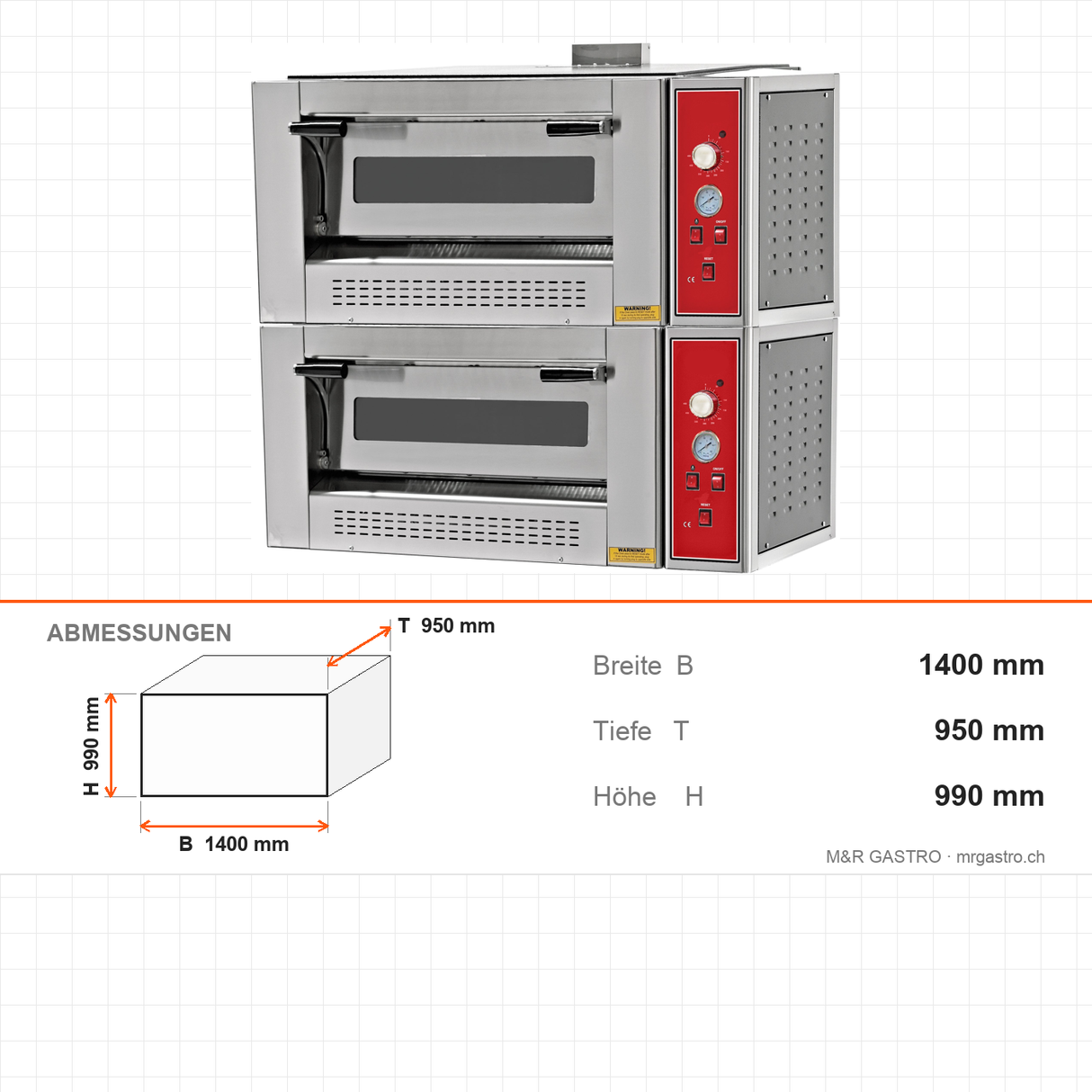 Pizzaofen Gas zweilagig, Ø 300 mm 6+6 Pizzen, 32,2 kW, 1400×950×990 mm – Abmessungen