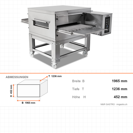 Pizzaofen Elektro Förderband, 13 kW, 400 V, 1965×1236×452 mm – Abmessungen