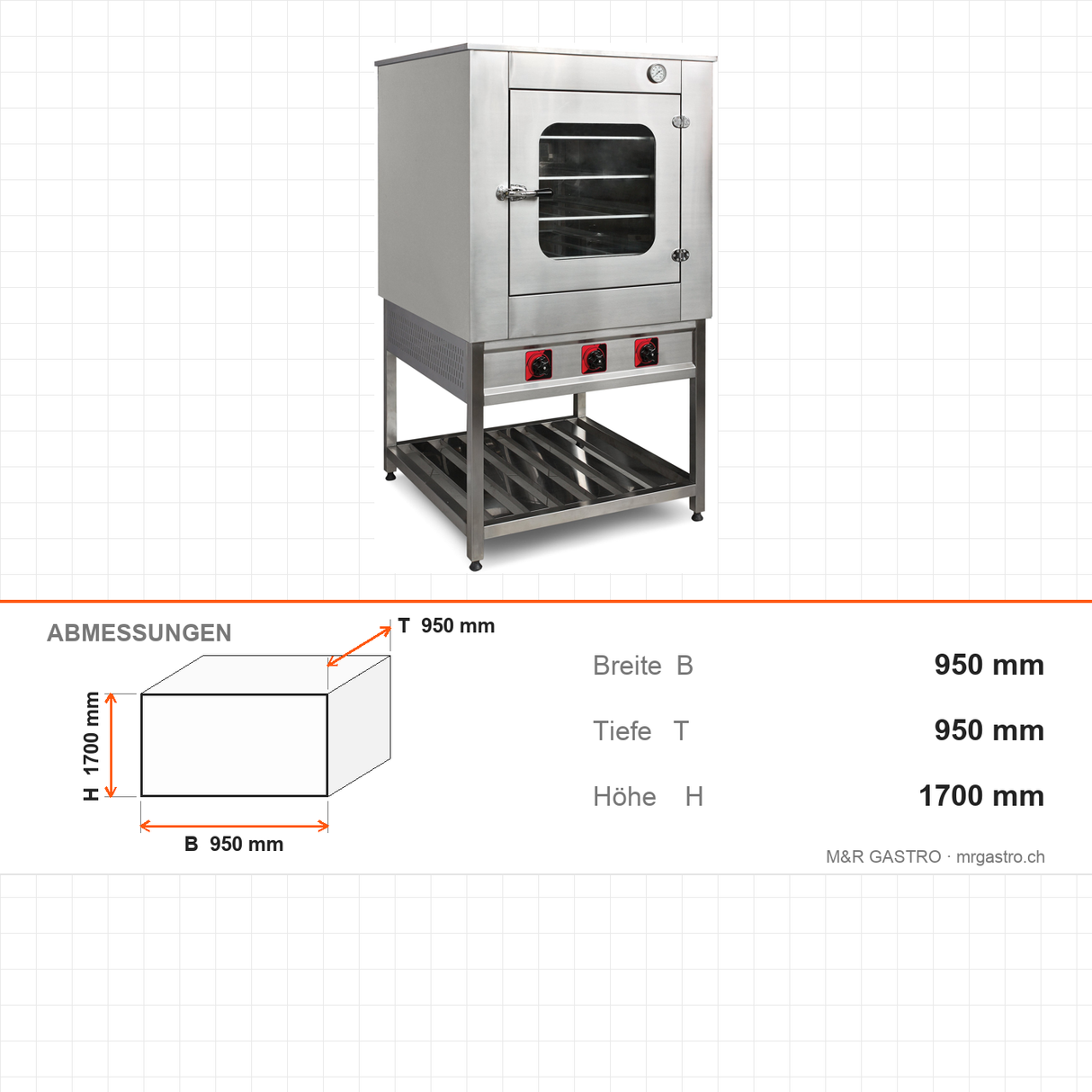 Patisserie-Backofen Gas, 5 Einschubebenen, 17,41 kW, Sicherheitsventil, Edelstahl, 950×950×1700 mm – Abmessungen