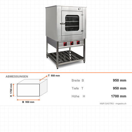 Patisserie-Backofen Gas, 5 Einschubebenen, 17,41 kW, Sicherheitsventil, Edelstahl, 950×950×1700 mm – Abmessungen