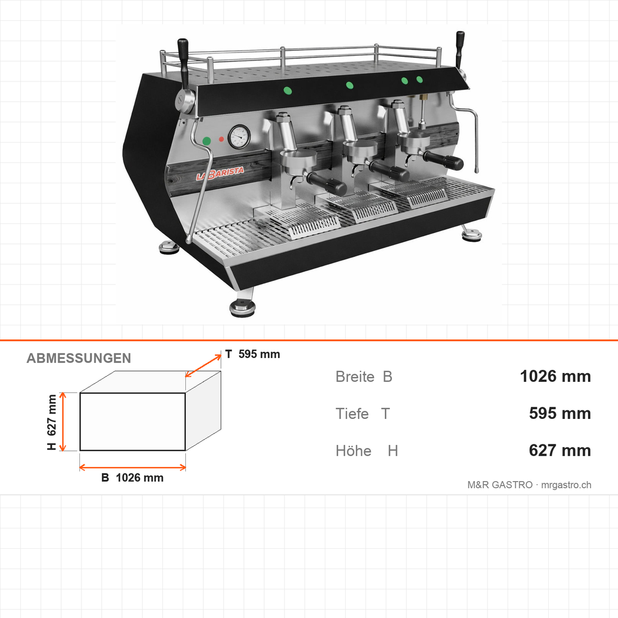 Espressomaschine, 3-gruppig, Doppel-Dampfarm, Extra-Warmwasserarm, 5 kW, 1026×595×627 mm – Abmessungen