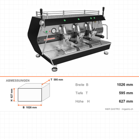 Espressomaschine, 3-gruppig, Doppel-Dampfarm, Extra-Warmwasserarm, 5 kW, 1026×595×627 mm – Abmessungen