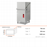 Haubenspülmaschine, Digitalsteuerung, 1000 Teller/Stunde, 4 Programme, Korb 500×500 mm, 9 kW, mit Dosierpumpen, 740×830×1485 mm – Abmessungen