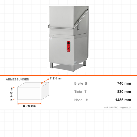 Haubenspülmaschine, Digitalsteuerung, 1000 Teller/Stunde, 4 Programme, Korb 500×500 mm, 9 kW, mit Dosierpumpen, 740×830×1485 mm – Abmessungen