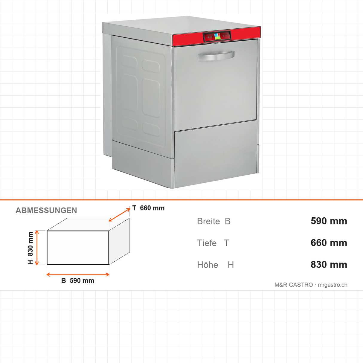 Untertischspülmaschine, Digitalsteuerung, 380V, 500 Teller/Stunde, 4 Programme, Korb 500×500 mm, mit Dosierpumpen, 5,55 kW, 590×660×830 mm – Abmessungen