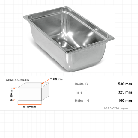 Vakuumbehälter, GN 1/1, 15 L, Edelstahl, 530×325×100 mm – Abmessungen