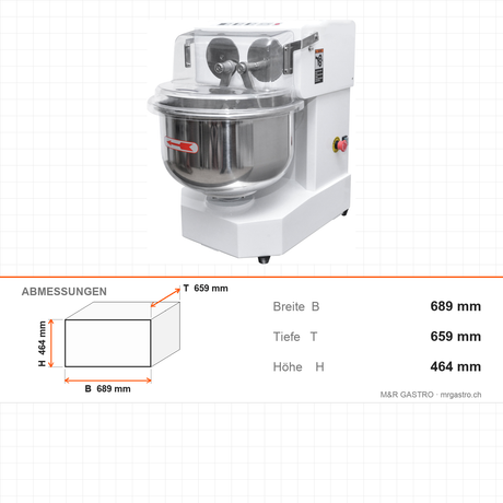 Doppelarm-Teigknetmaschine, 30 L, 13 kg Teig, 5 Geschwindigkeiten, 1,5 kW, 230V, 689×659×464 mm – Abmessungen